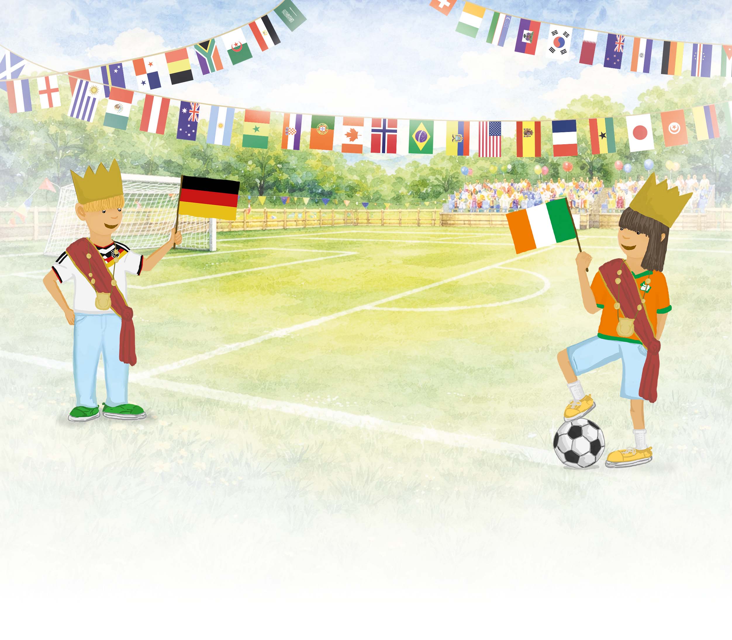 Kinder mit Deutschland- und Elfenbeinküste-Flaggen auf einem Fußballfeld